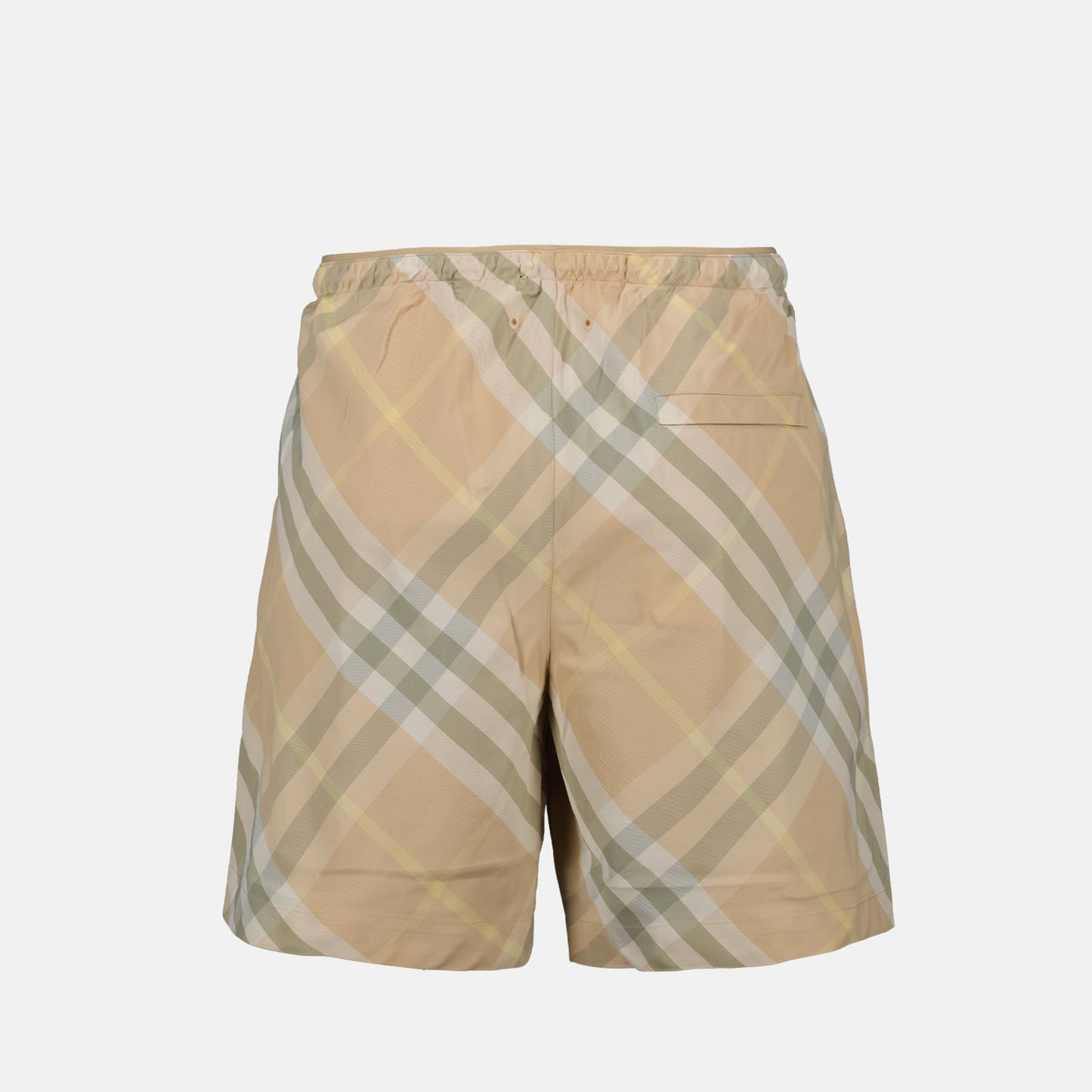 Burberry swim shorts, beige checkered swim shorts, luxurious swimwear, designer swim shorts, high-end beachwear