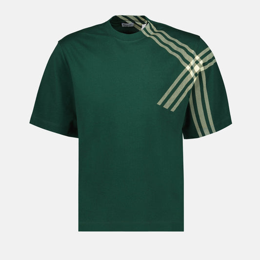 luxury T-shirt, Burberry graphic tee, green designer shirt, high-end casual wear, elegant men's fashion