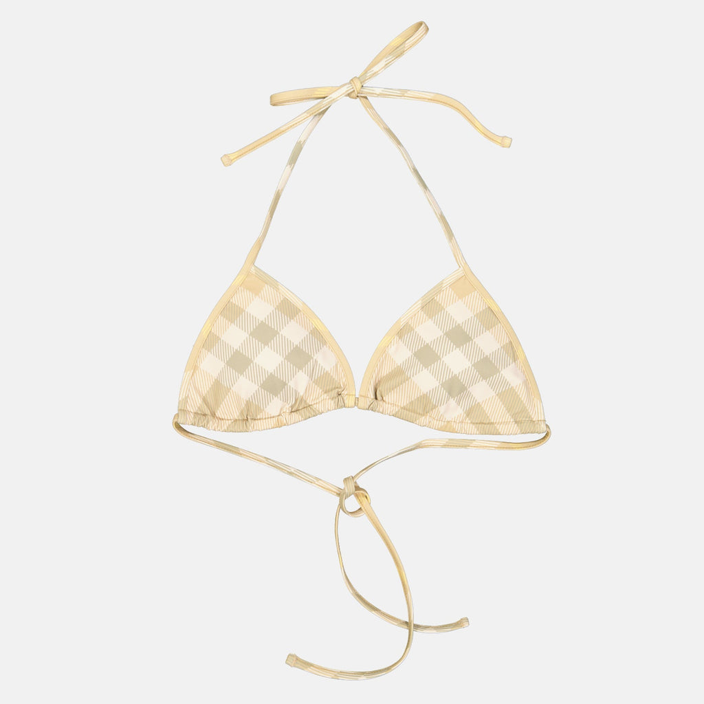 Burberry, checkered bikini top, luxury swimwear, elegant bikini, designer beachwear