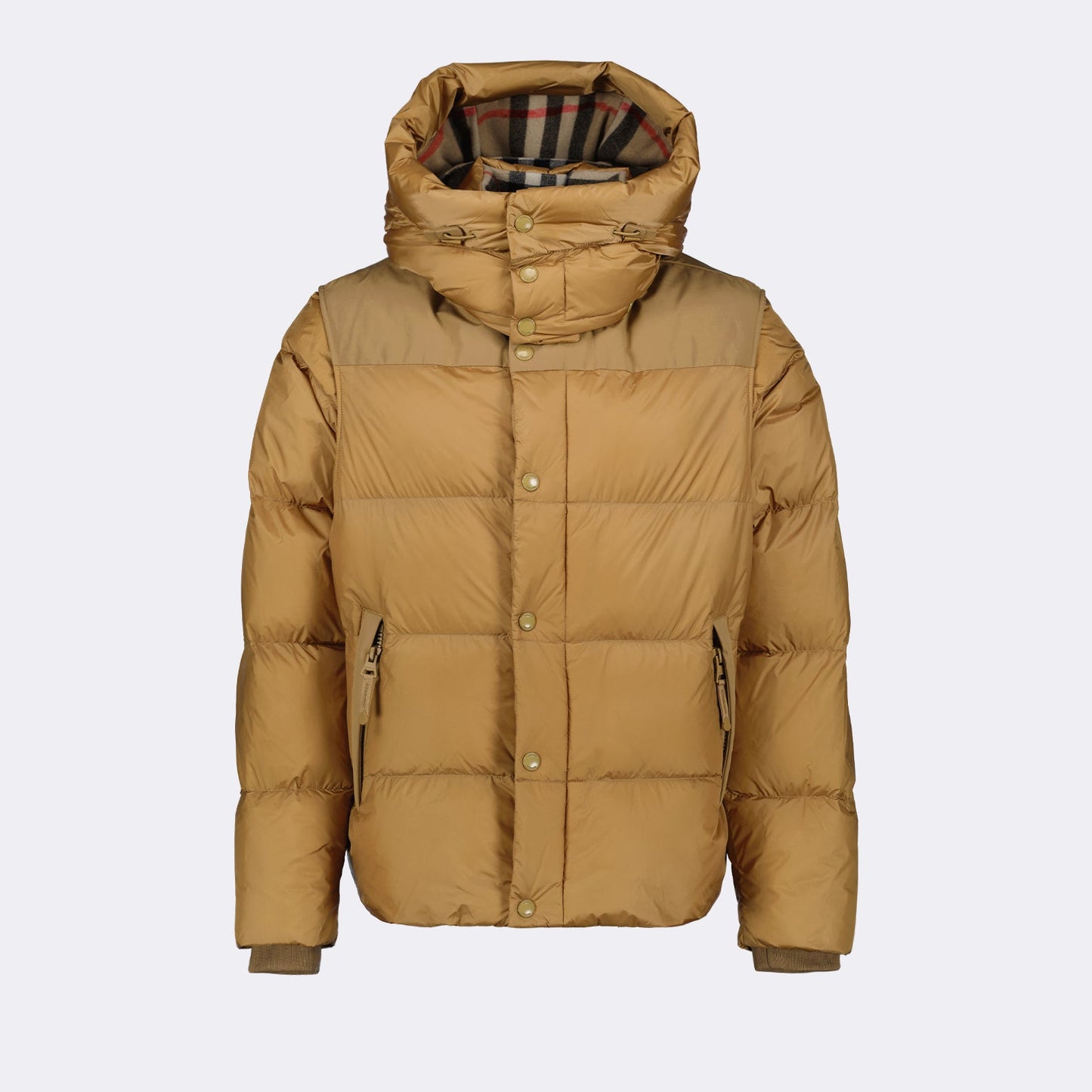 down jacket, removable sleeves, Burberry, luxury outerwear, beige jacket