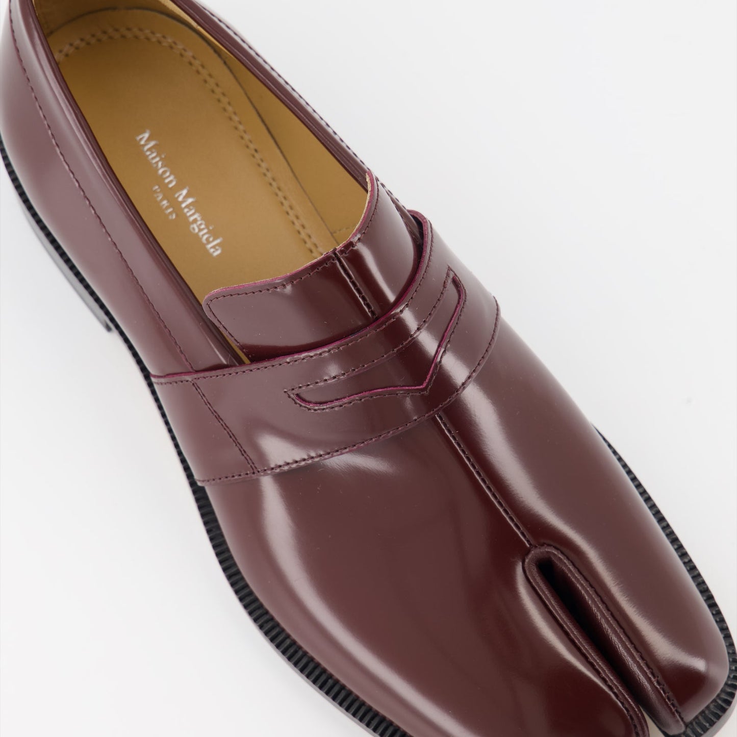 Tabi moccasins, leather patent moccasins, Maison Margiela, luxury footwear, Bordeaux moccasins