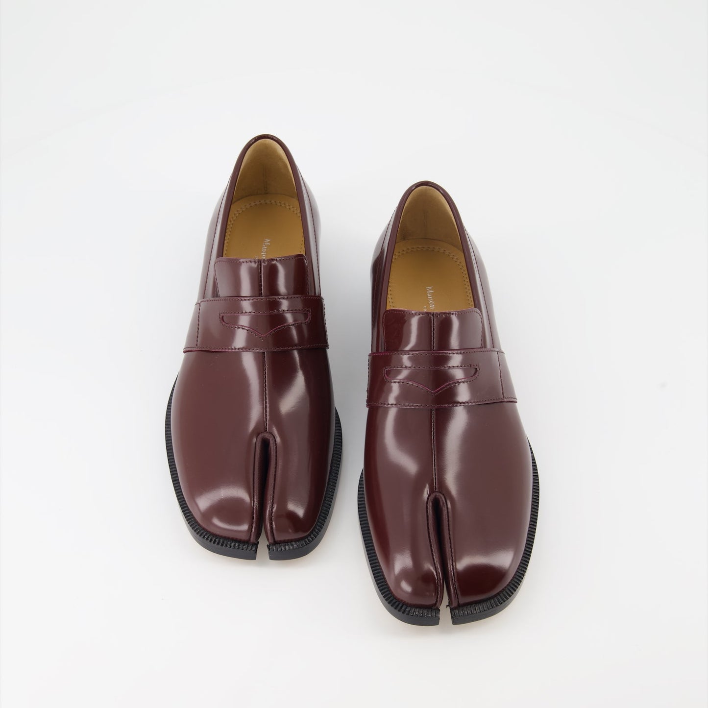 Tabi moccasins, leather patent moccasins, Maison Margiela, luxury footwear, Bordeaux moccasins