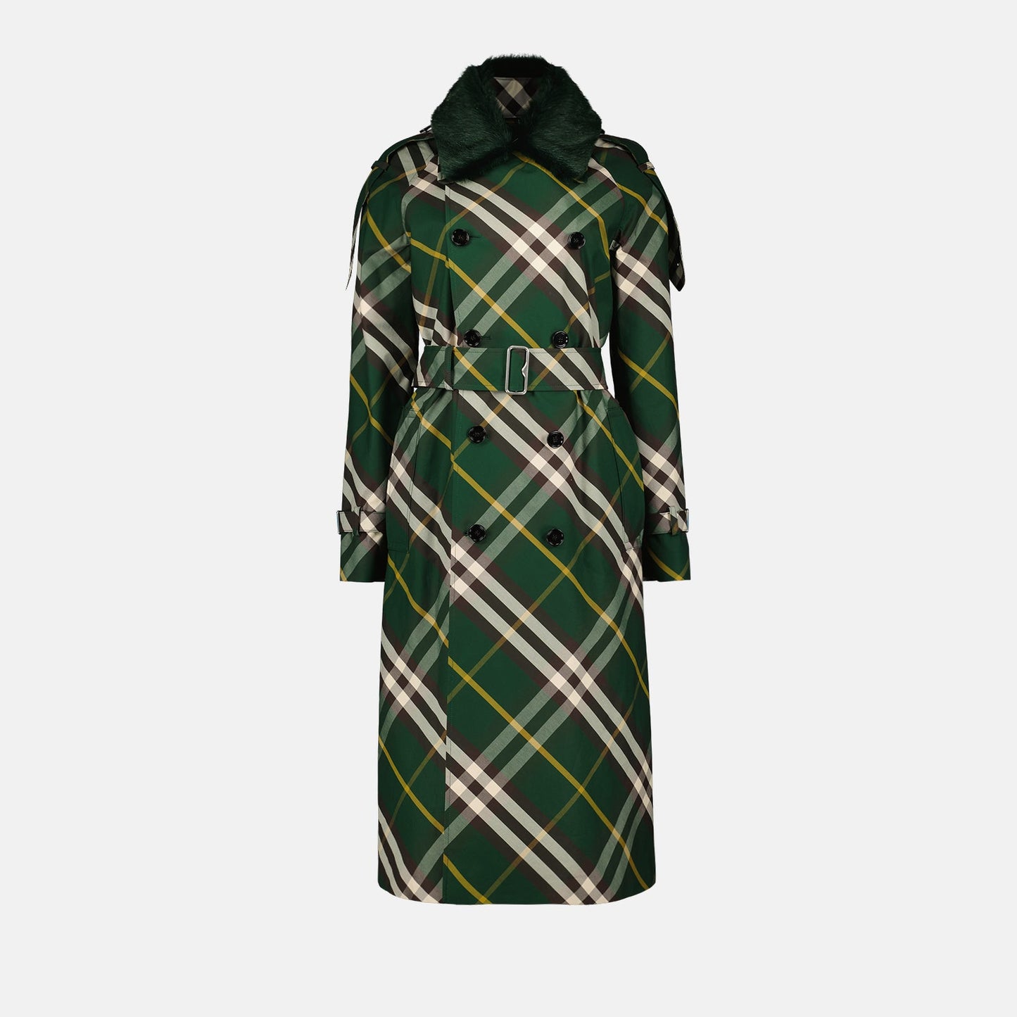 green plaid trench coat, Burberry trench, luxury outerwear, high-end fashion, designer trench coat