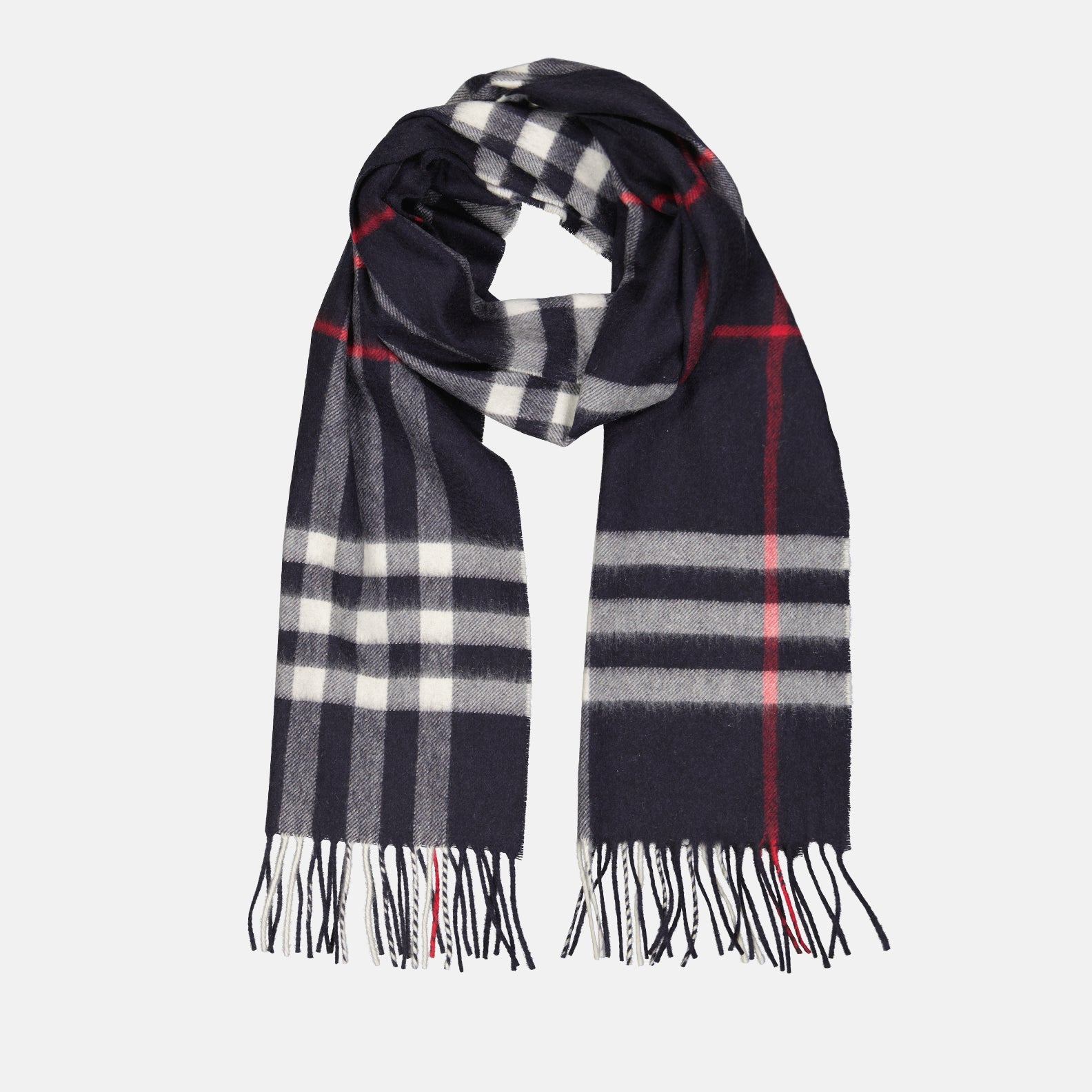 cashmere scarf, luxury accessory, Burberry, navy blue scarf, checked scarf