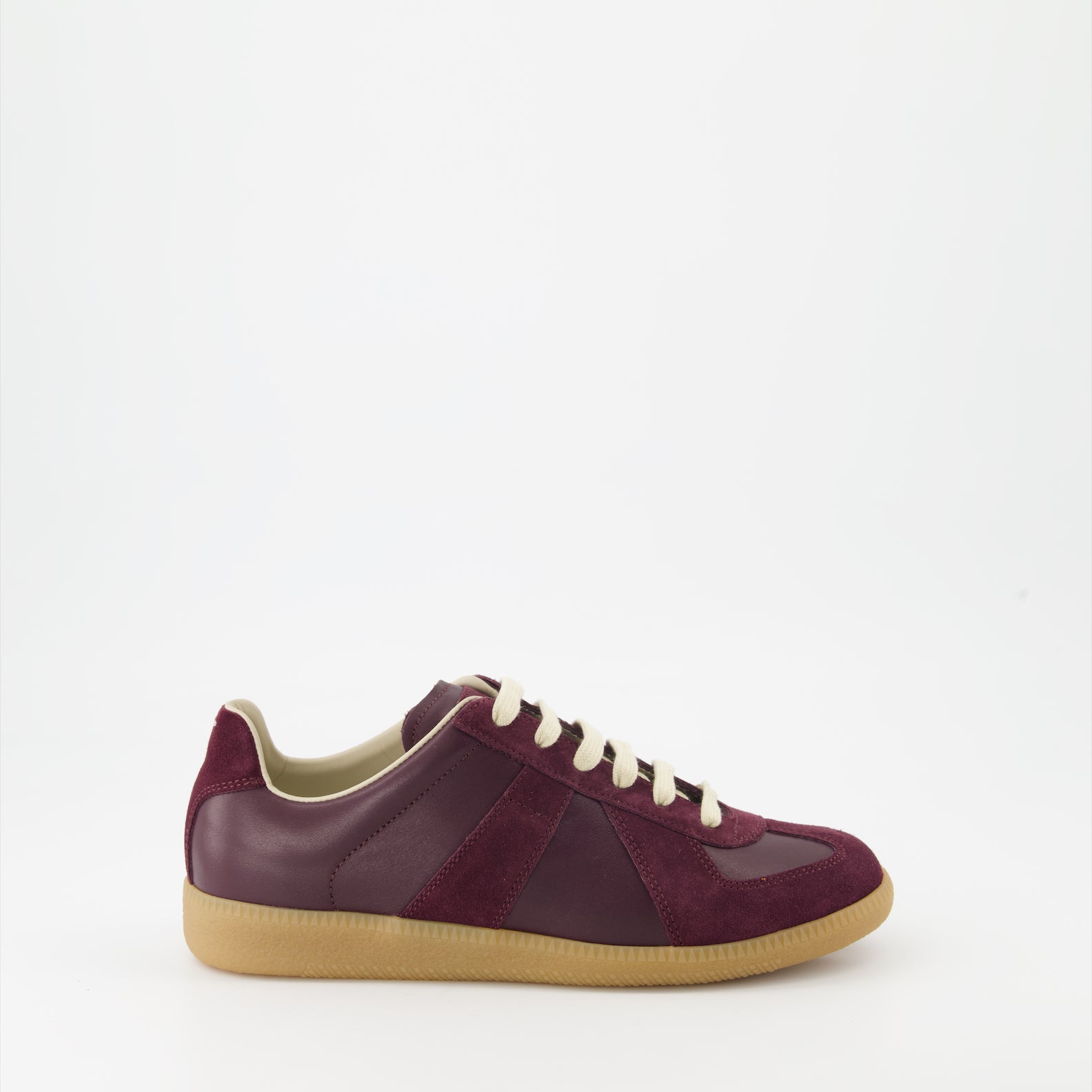 Maison Margiela sneakers, luxury bordeaux sneakers, leather and suede sneakers, designer footwear, high-end fashion sneakers