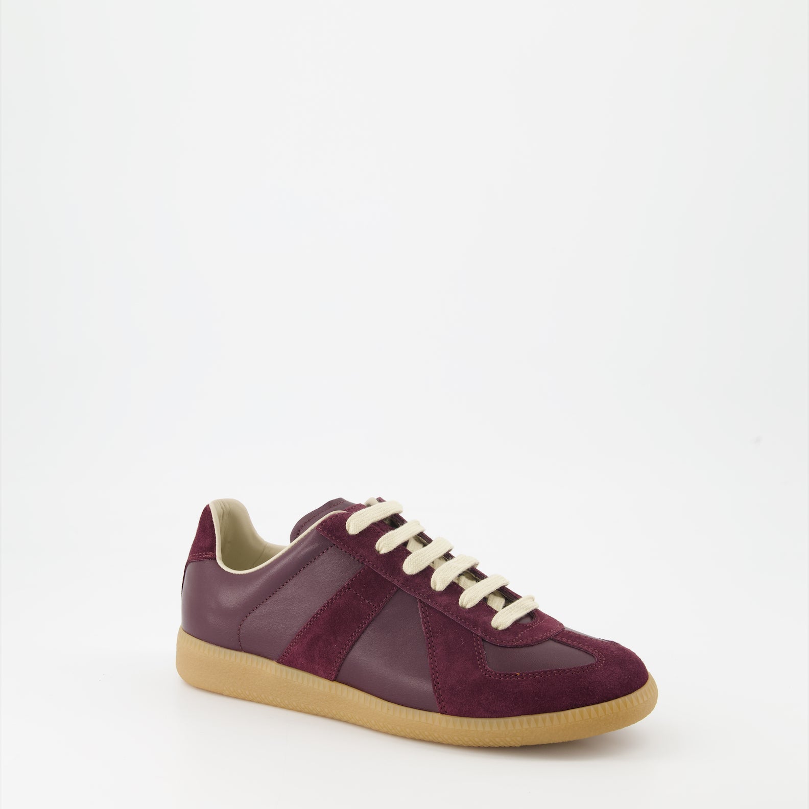 Maison Margiela sneakers, luxury bordeaux sneakers, leather and suede sneakers, designer footwear, high-end fashion sneakers