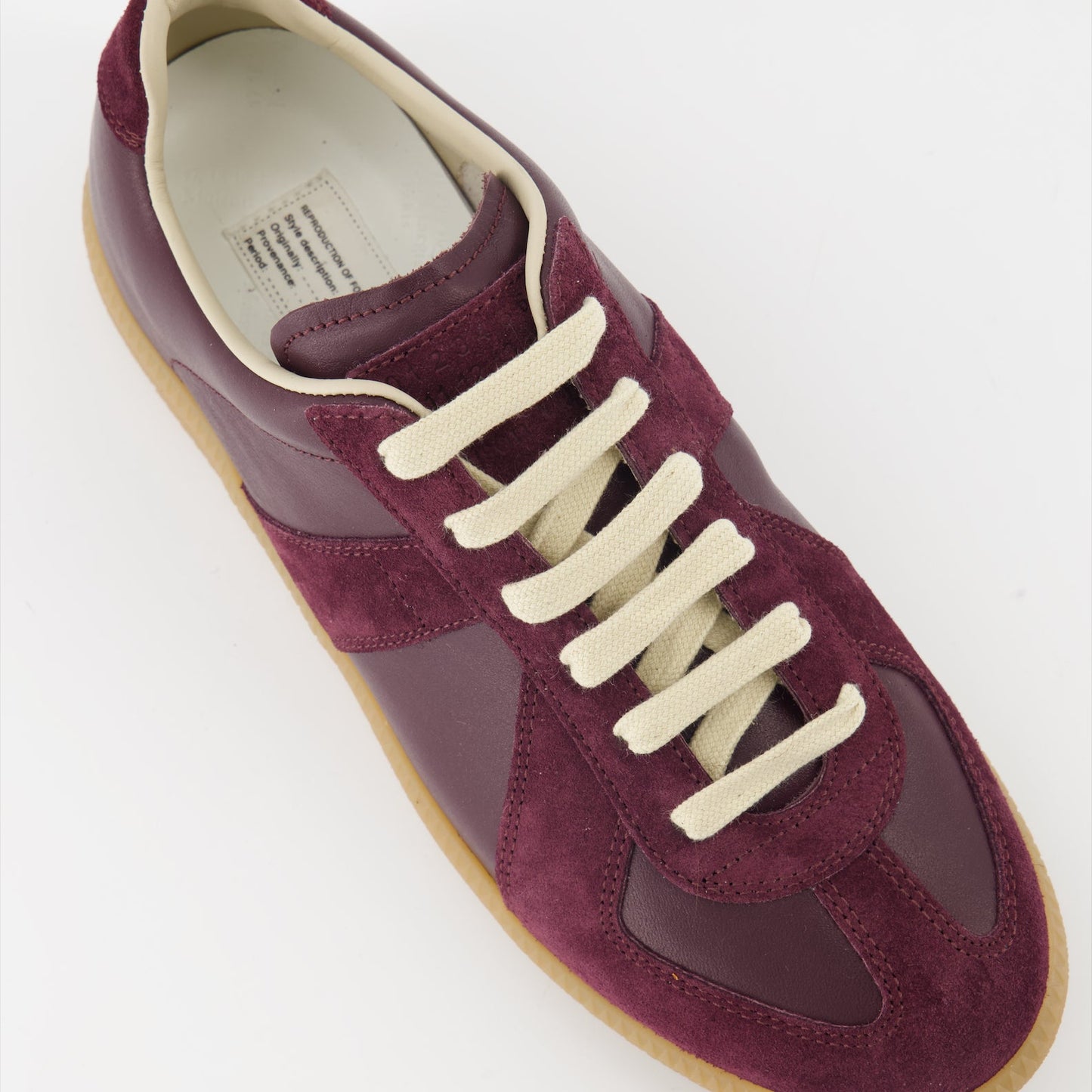 Maison Margiela sneakers, luxury bordeaux sneakers, leather and suede sneakers, designer footwear, high-end fashion sneakers