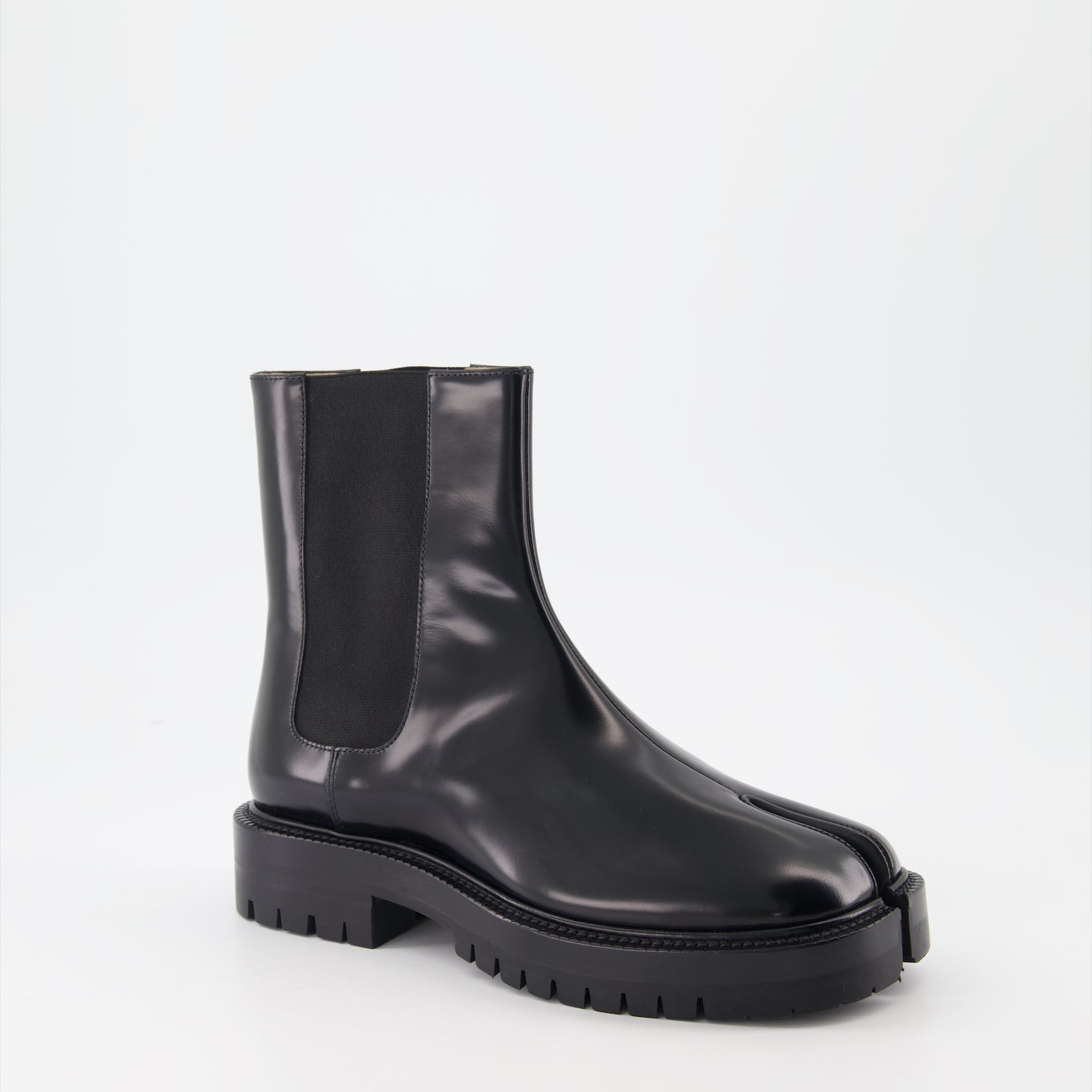 Maison Margiela boots, Tabi Chelsea boots, patent leather boots, designer Chelsea boots, luxury fashion footwear