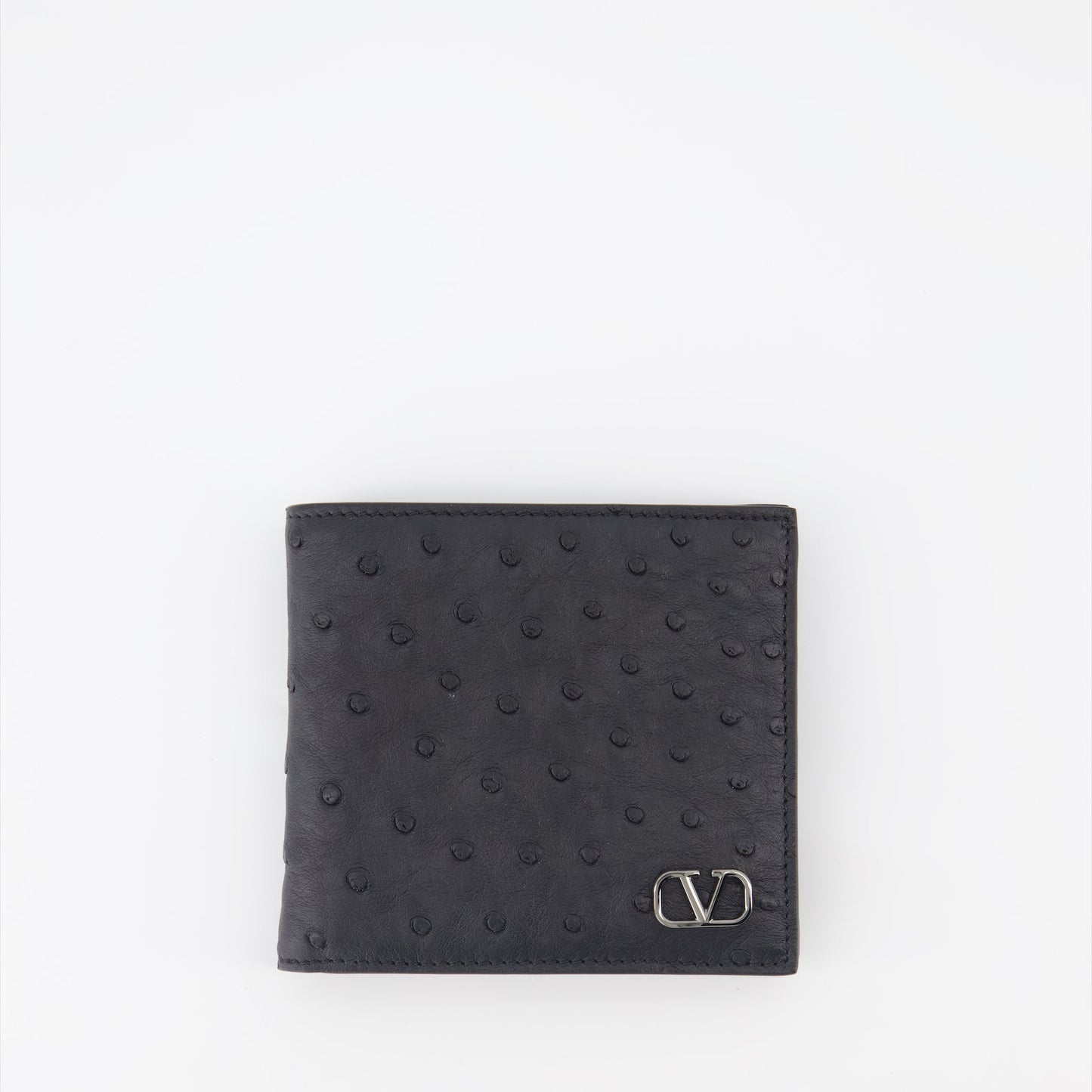 ostrich leather wallet, luxury wallet, Valentino Garavani wallet, black leather wallet, high-end accessories