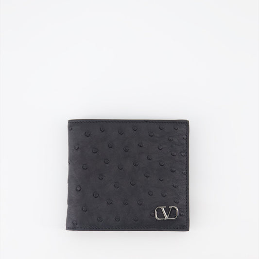 ostrich leather wallet, luxury wallet, Valentino Garavani wallet, black leather wallet, high-end accessories