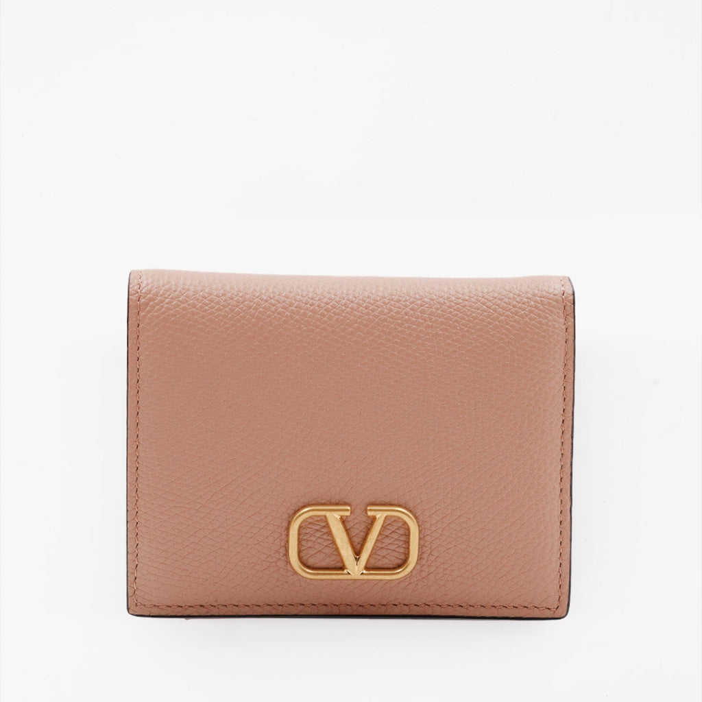 leather wallet, beige wallet, metallic logo, card holder, luxury accessories