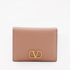 leather wallet, beige wallet, metallic logo, card holder, luxury accessories