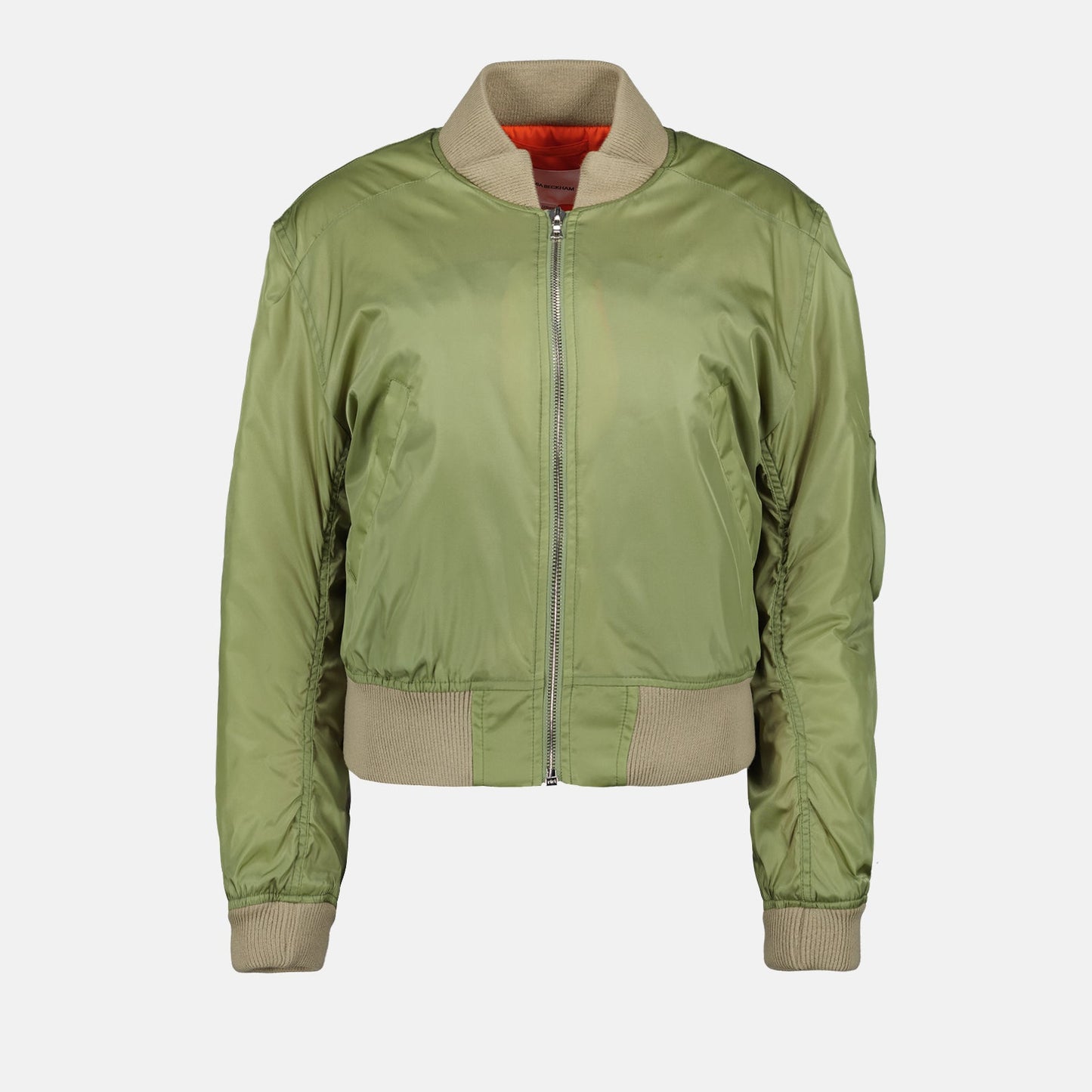 Green bomber jacket, nylon bomber, Victoria Beckham outerwear, luxury bomber jacket, high-end fashion