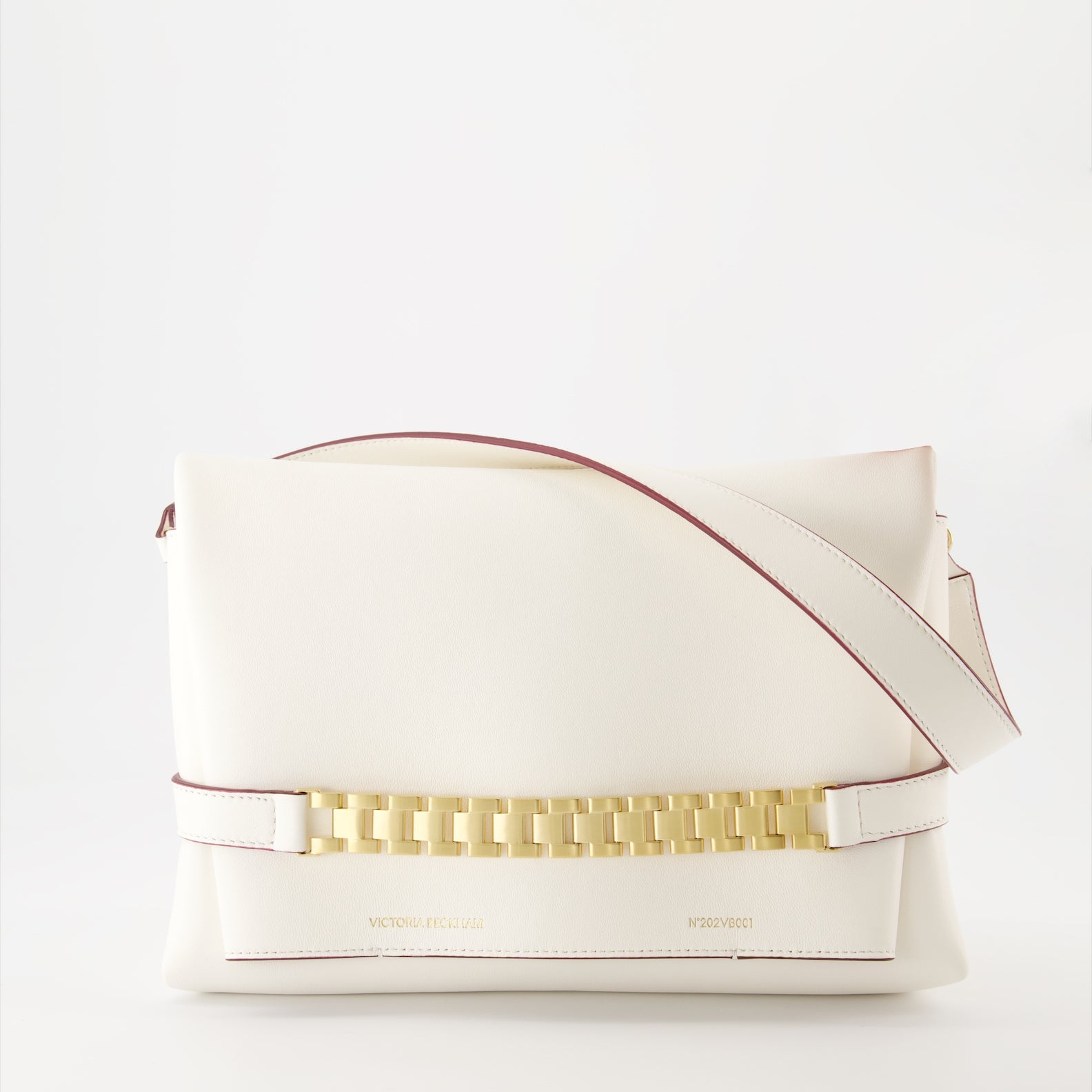 Victoria Beckham, white leather pouch, medium chain bag, luxury accessory, sophisticated style