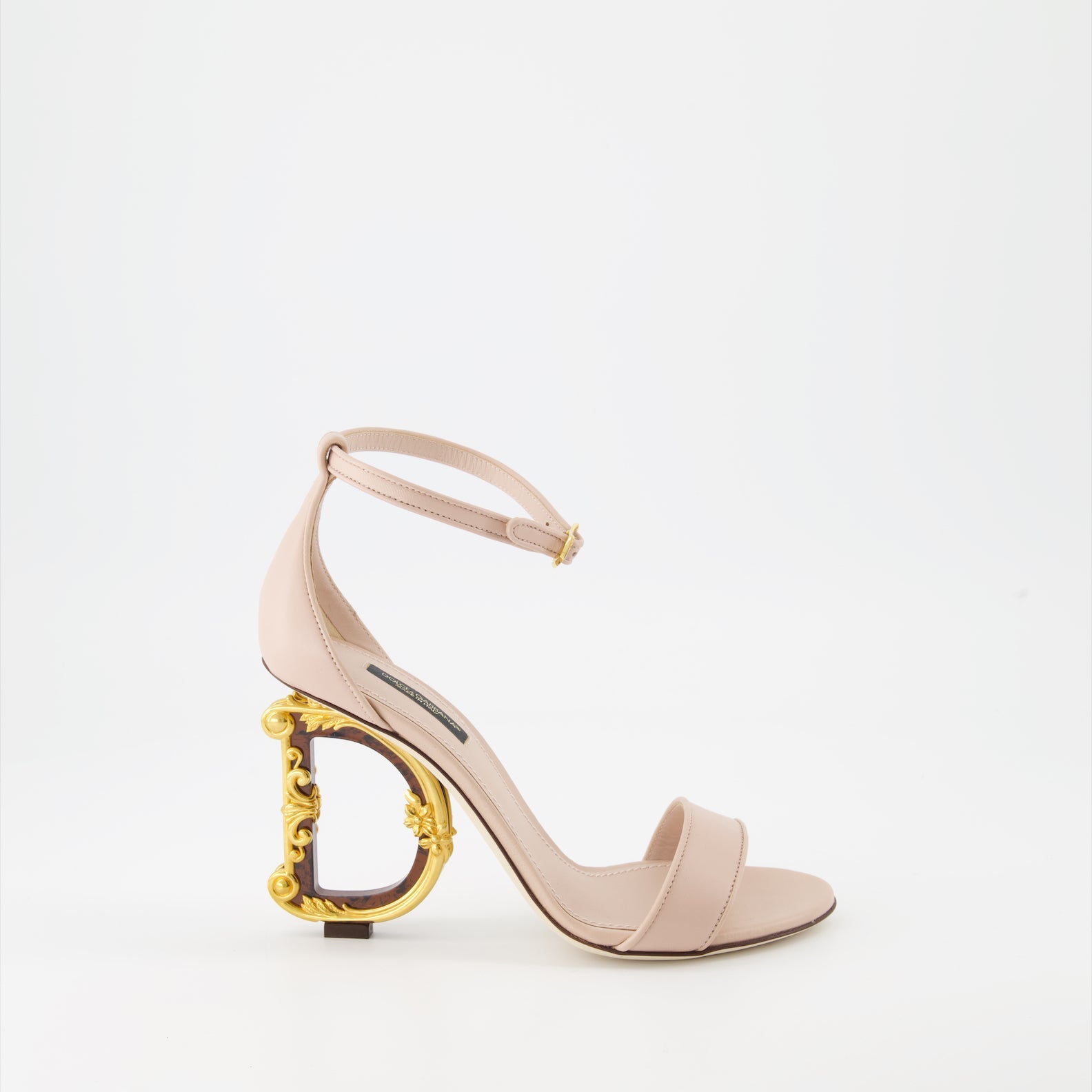 luxury sandals, beige leather, baroque heel, Dolce & Gabbana shoes, Italian craftsmanship