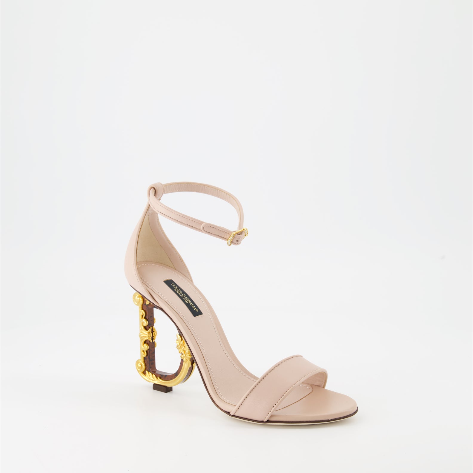 luxury sandals, beige leather, baroque heel, Dolce & Gabbana shoes, Italian craftsmanship