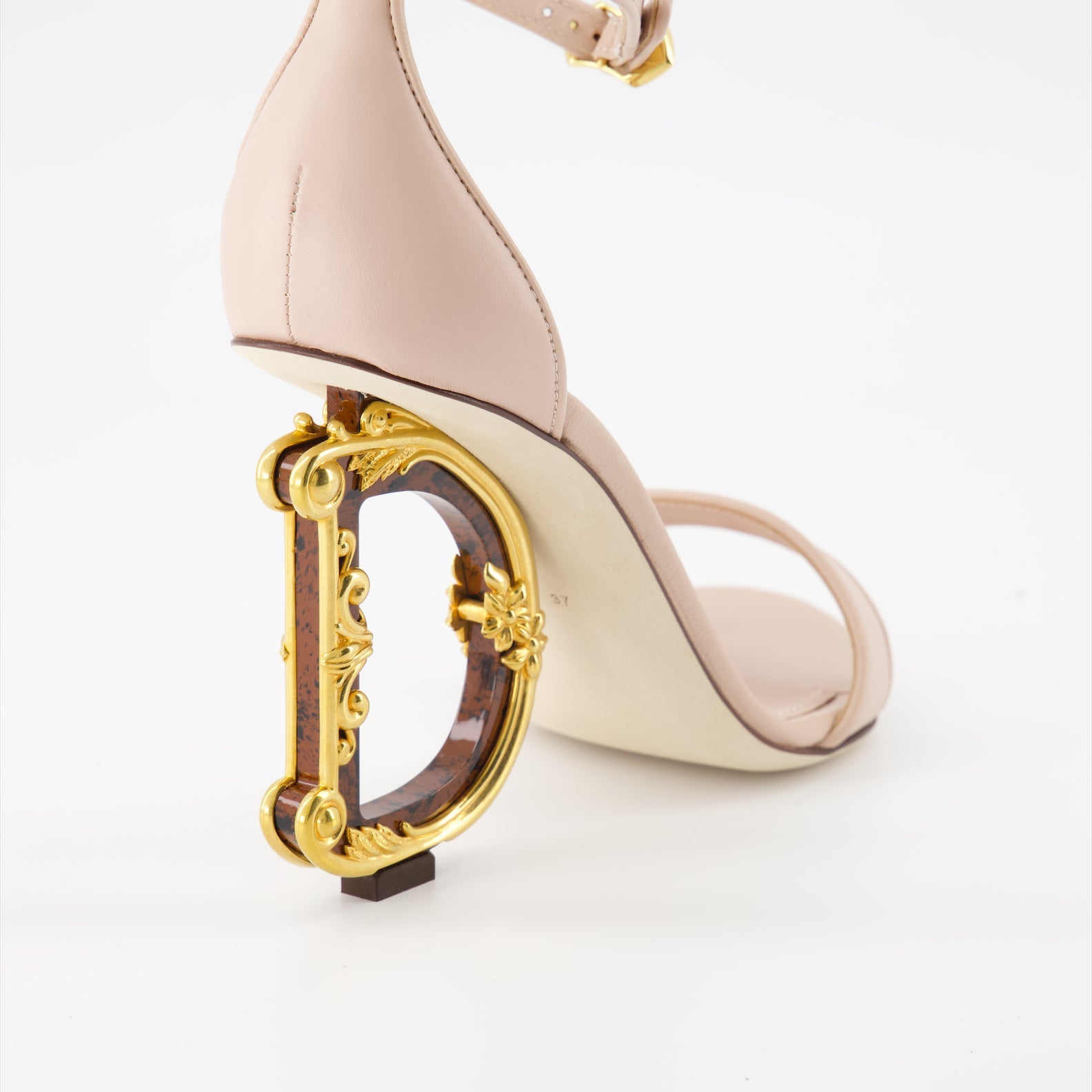 luxury sandals, beige leather, baroque heel, Dolce & Gabbana shoes, Italian craftsmanship