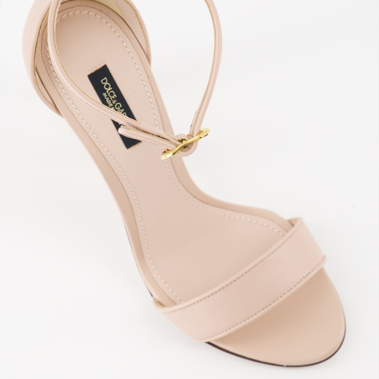 luxury sandals, beige leather, baroque heel, Dolce & Gabbana shoes, Italian craftsmanship