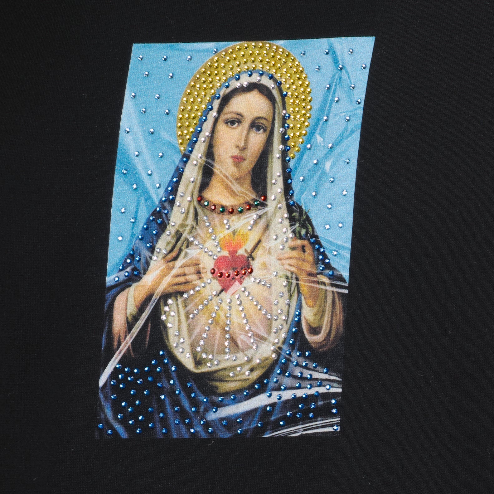 luxury T-shirt, Dolce & Gabbana, black religious print, strass embellishments, high-end fashion