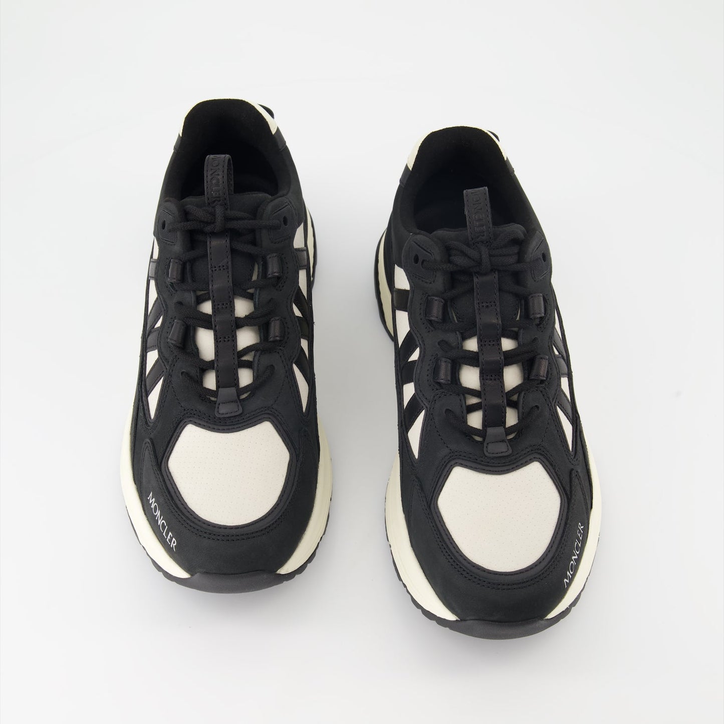 luxury sneakers, Moncler shoes, black leather sneakers, beige suede sneakers, high-end footwear