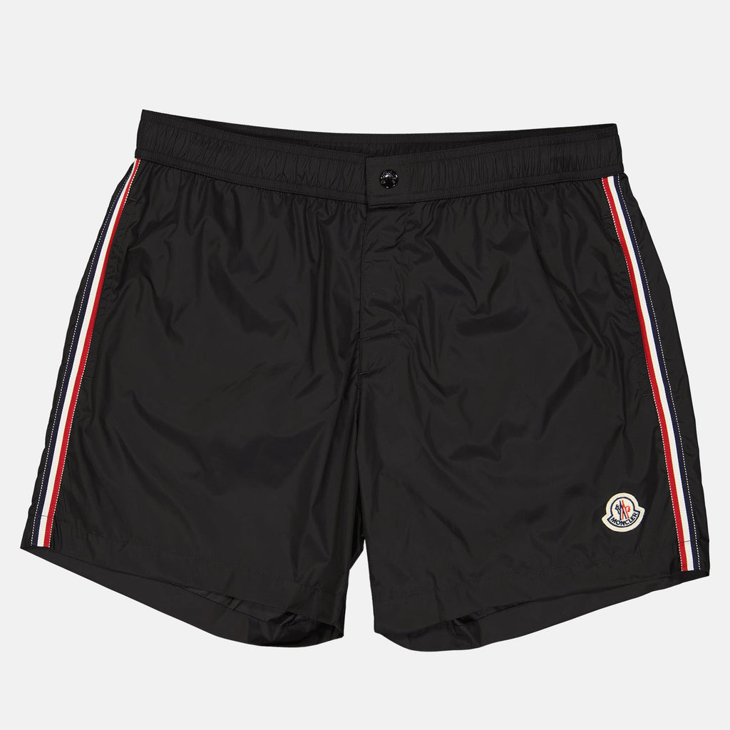 Luxury swim shorts, Moncler swimwear, tricolor trim swim shorts, black swim shorts, designer beachwear