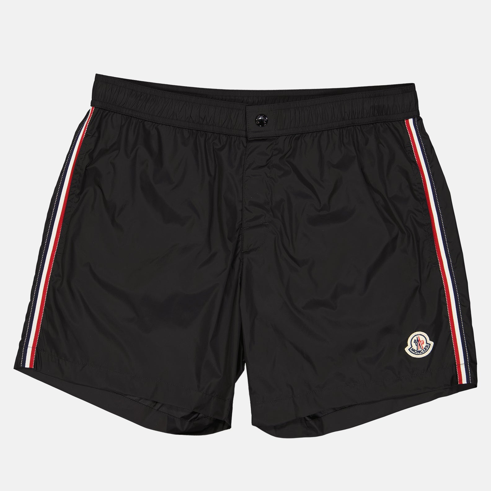 Luxury swim shorts, Moncler swimwear, tricolor trim swim shorts, black swim shorts, designer beachwear
