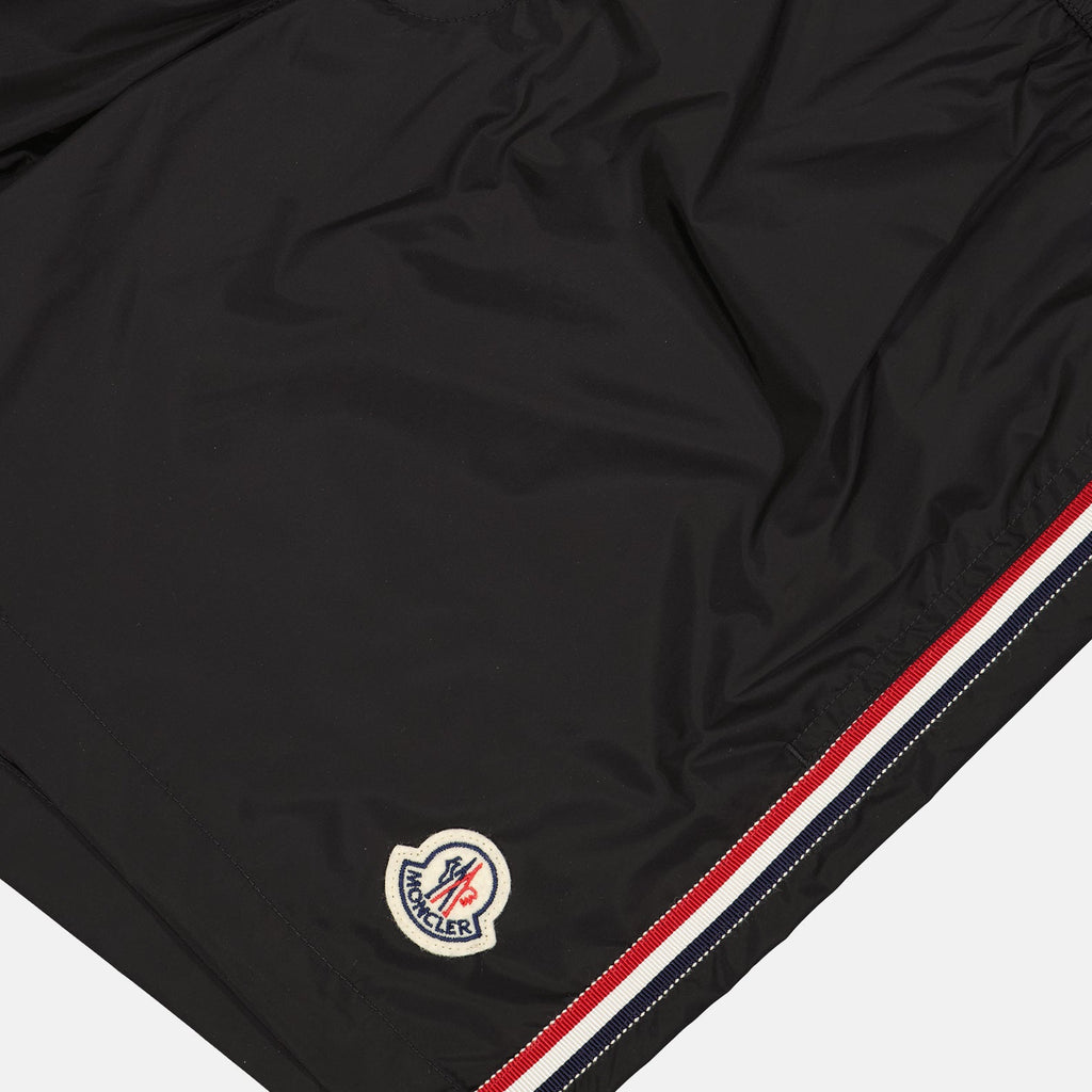 Luxury swim shorts, Moncler swimwear, tricolor trim swim shorts, black swim shorts, designer beachwear