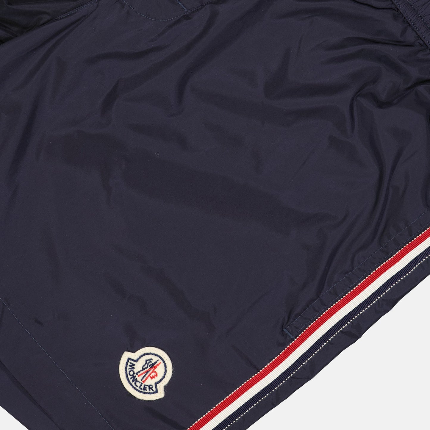 navy swim shorts, tricolor piping, luxury beachwear, men's swim shorts, Moncler shorts