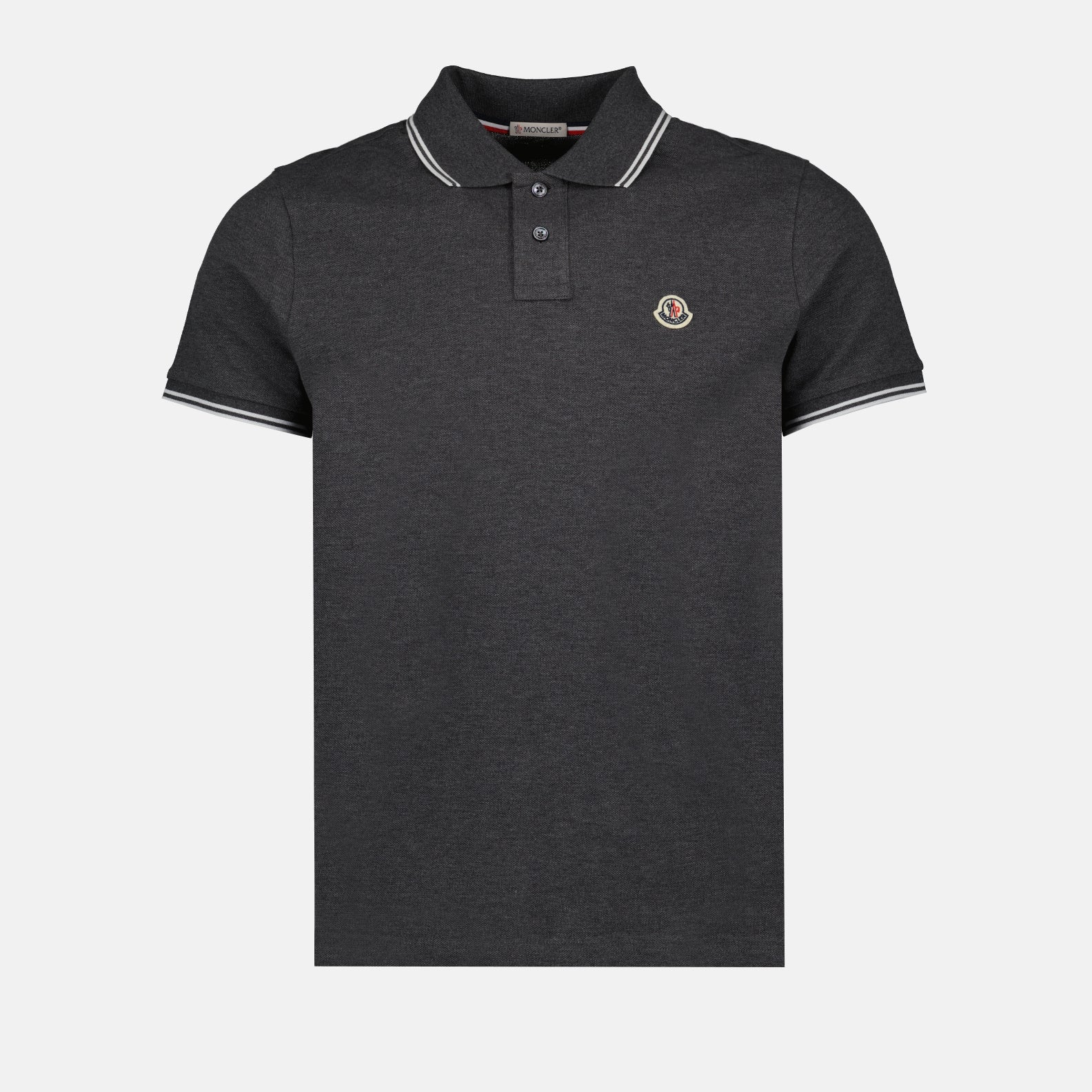 Moncler polo, luxury gray polo, elegant trim polo, high-end men's wear, designer casual wear