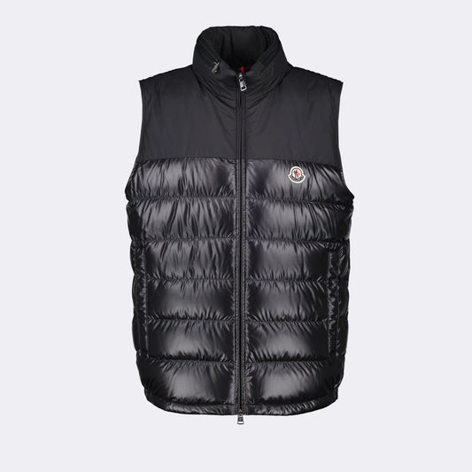 black sleeveless down jacket, luxury menswear, Moncler down jacket, high-end fashion, designer outerwear