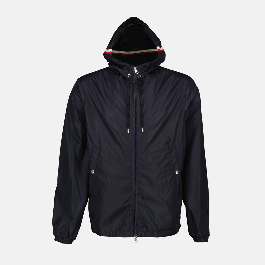 Moncler jacket, blue nylon jacket, luxury outerwear, fashion-forward, high-end jackets