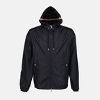 Moncler jacket, blue nylon jacket, luxury outerwear, fashion-forward, high-end jackets