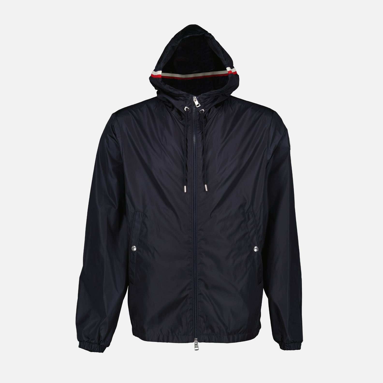Moncler jacket, blue nylon jacket, luxury outerwear, fashion-forward, high-end jackets