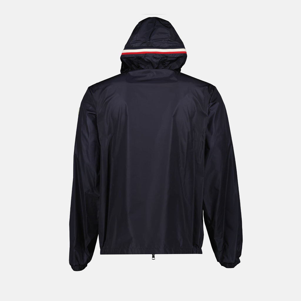 Moncler jacket, blue nylon jacket, luxury outerwear, fashion-forward, high-end jackets