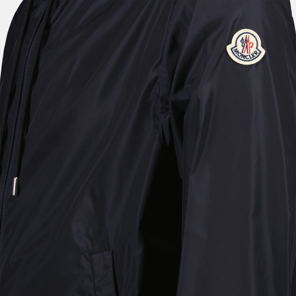 Moncler jacket, blue nylon jacket, luxury outerwear, fashion-forward, high-end jackets