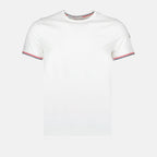 Moncler T-shirt, White logo T-shirt, Luxury trim T-shirt, High-end fashion T-shirt, Designer casual wear