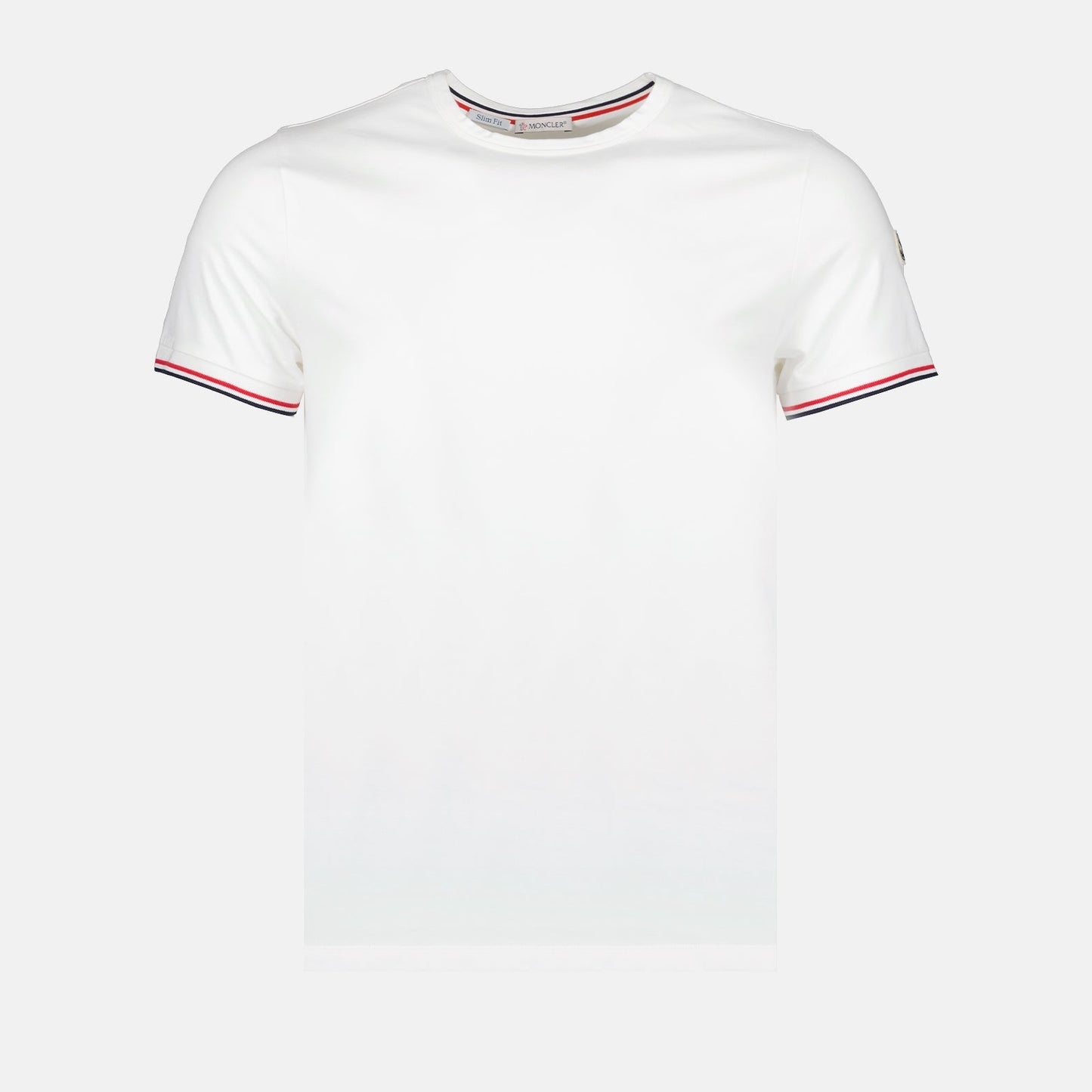 Moncler T-shirt, White logo T-shirt, Luxury trim T-shirt, High-end fashion T-shirt, Designer casual wear