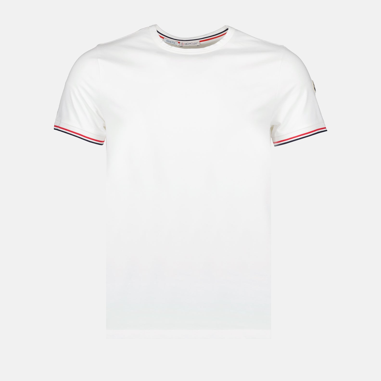 Moncler T-shirt, White logo T-shirt, Luxury trim T-shirt, High-end fashion T-shirt, Designer casual wear