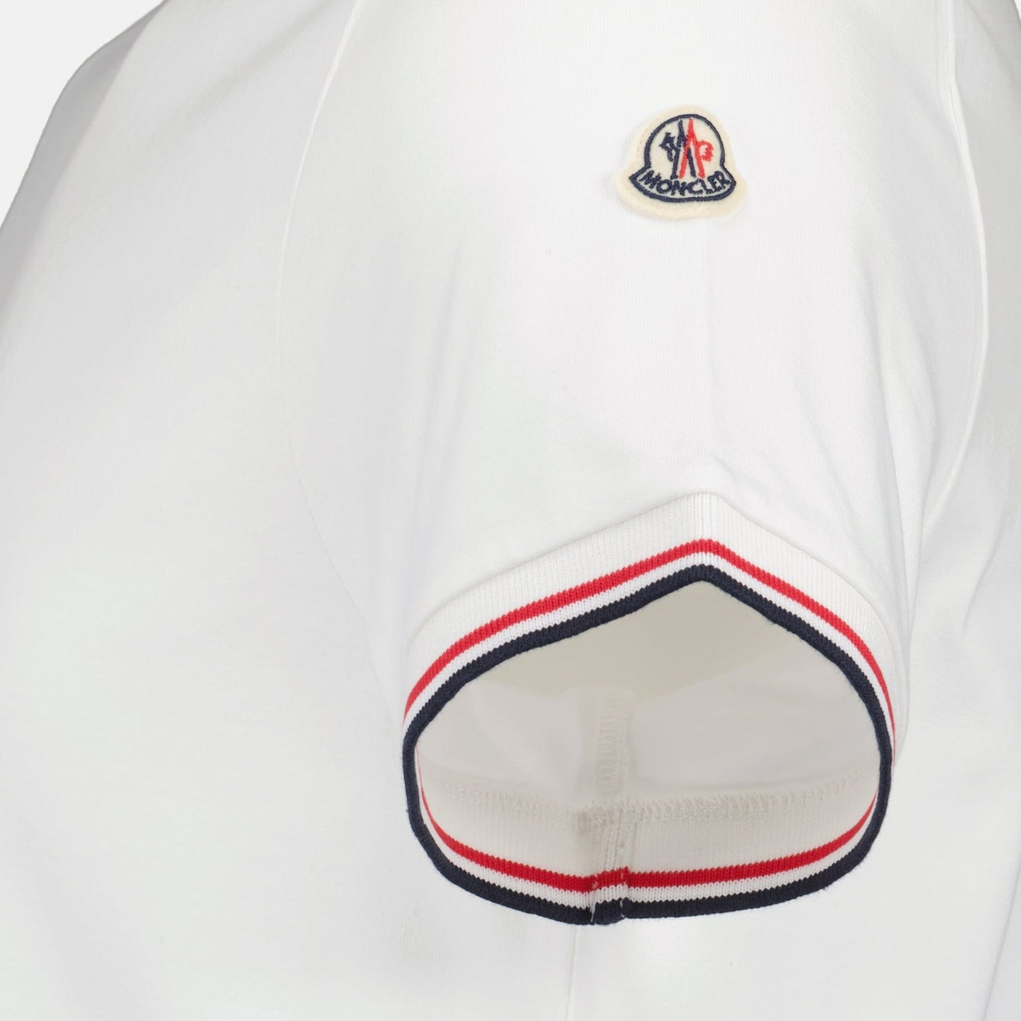 Moncler T-shirt, White logo T-shirt, Luxury trim T-shirt, High-end fashion T-shirt, Designer casual wear