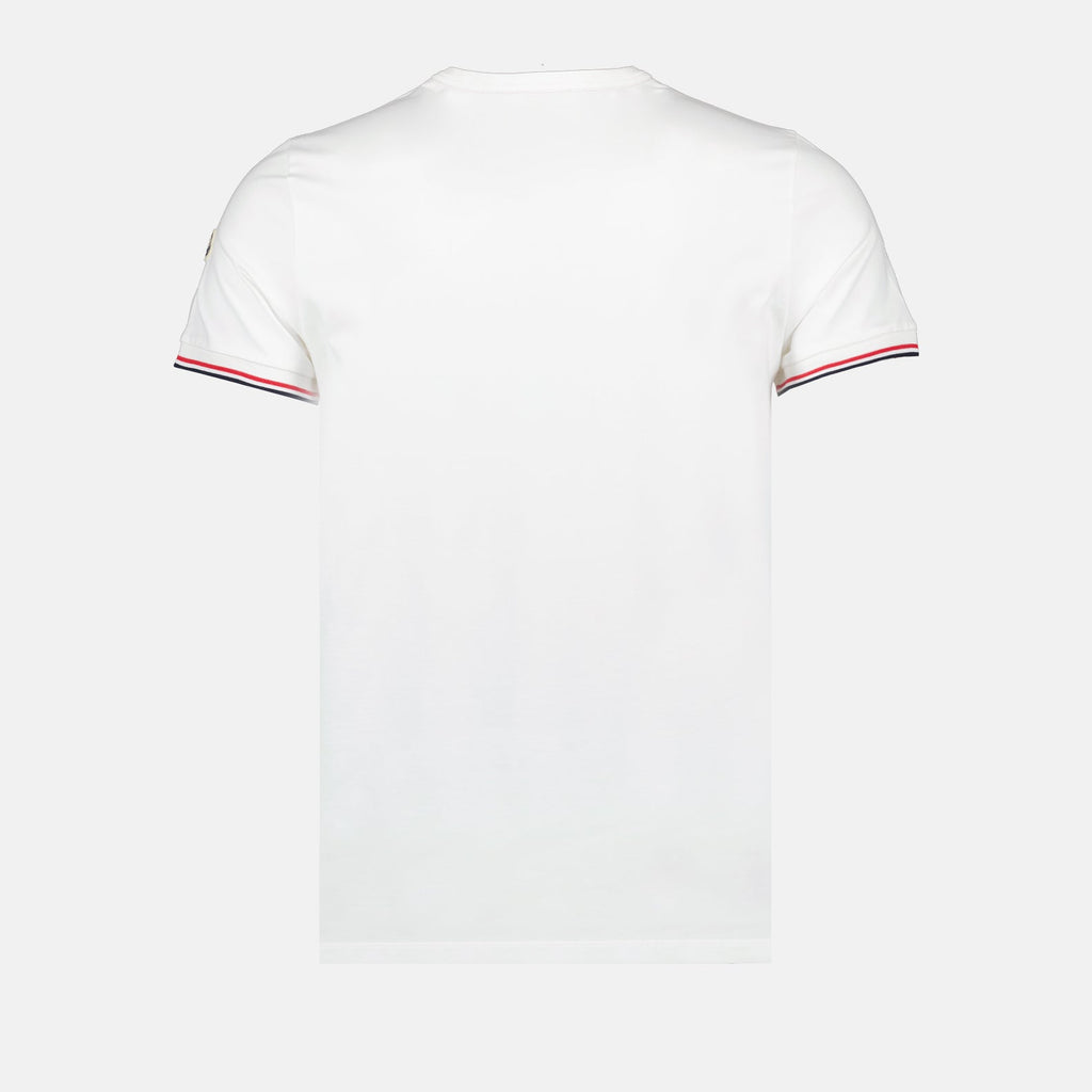 Moncler T-shirt, White logo T-shirt, Luxury trim T-shirt, High-end fashion T-shirt, Designer casual wear