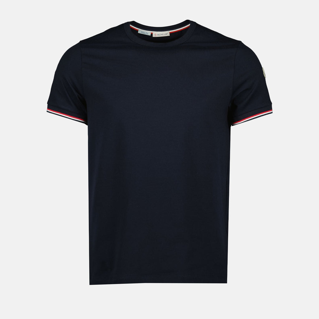 Moncler T-shirt, luxury T-shirt, navy blue T-shirt, designer logo T-shirt, elegant men's wear