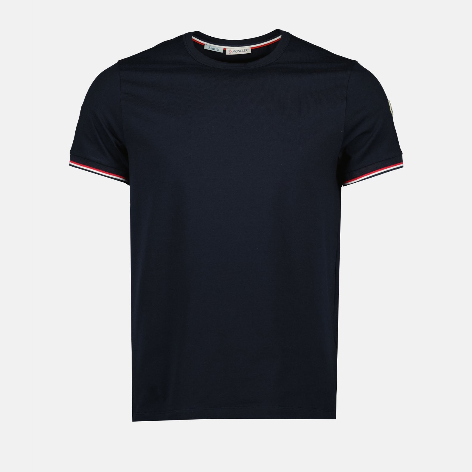 Moncler T-shirt, luxury T-shirt, navy blue T-shirt, designer logo T-shirt, elegant men's wear