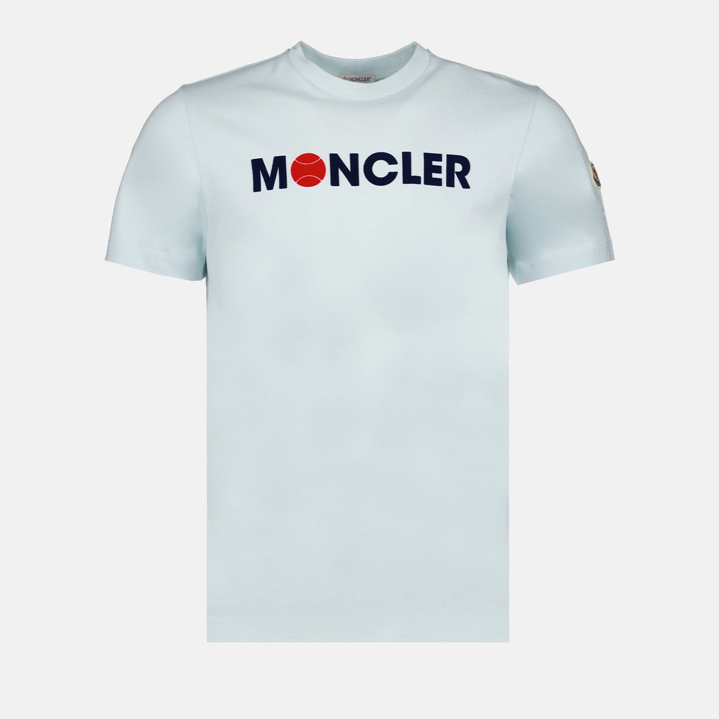 luxury t-shirt, Moncler tee, light blue t-shirt, designer logos, high-end fashion