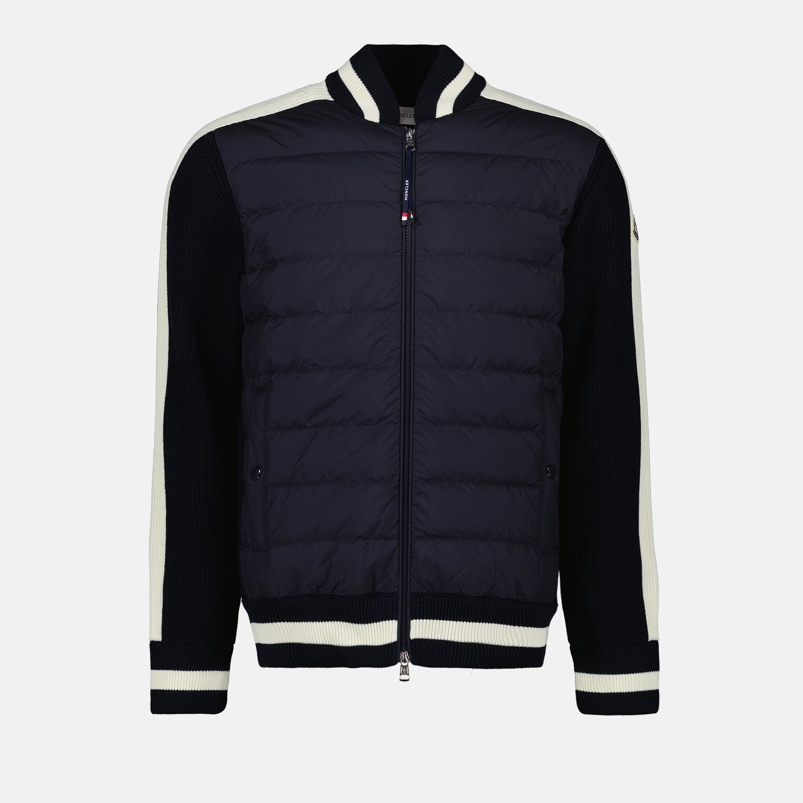 bi-material jacket, luxury outerwear, Moncler jacket, blue and beige jacket, high-end fashion