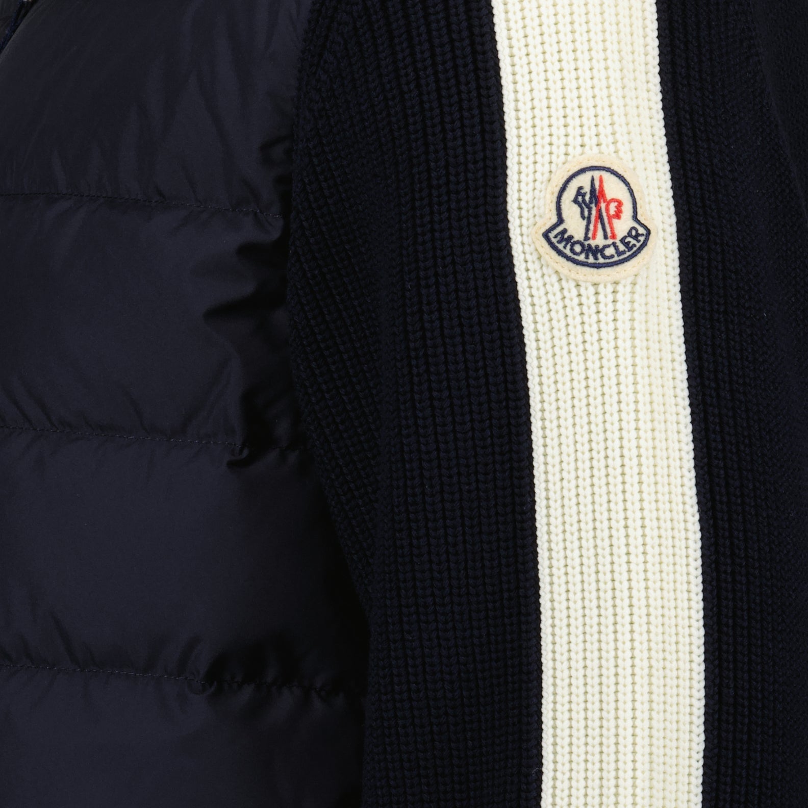 bi-material jacket, luxury outerwear, Moncler jacket, blue and beige jacket, high-end fashion