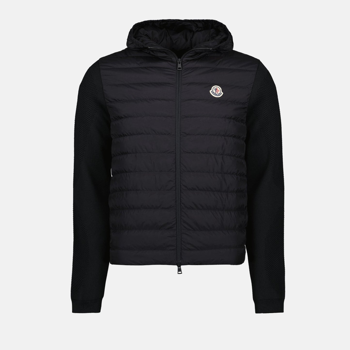 luxury jacket, Moncler jacket, bi-material jacket, black jacket, high-end fashion