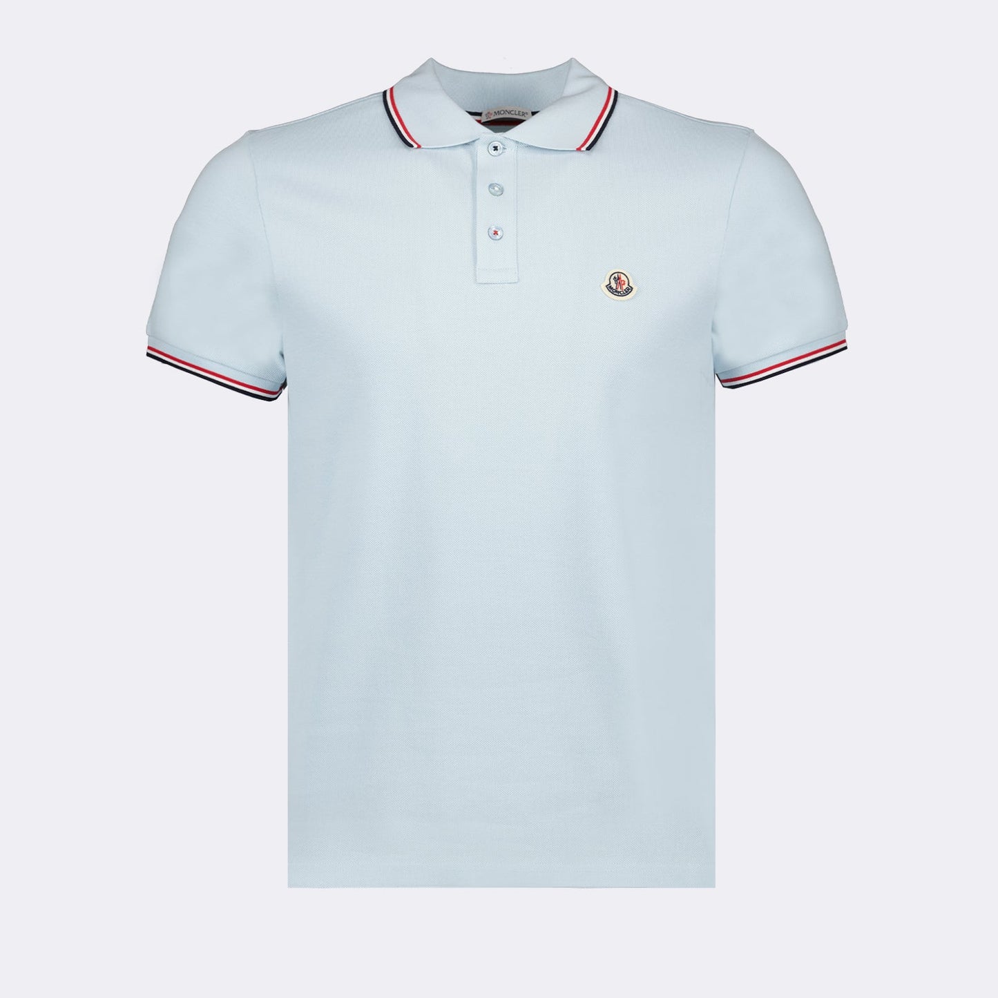 light blue polo, luxury polo shirt, Moncler polo, logo polo, high-end men's fashion