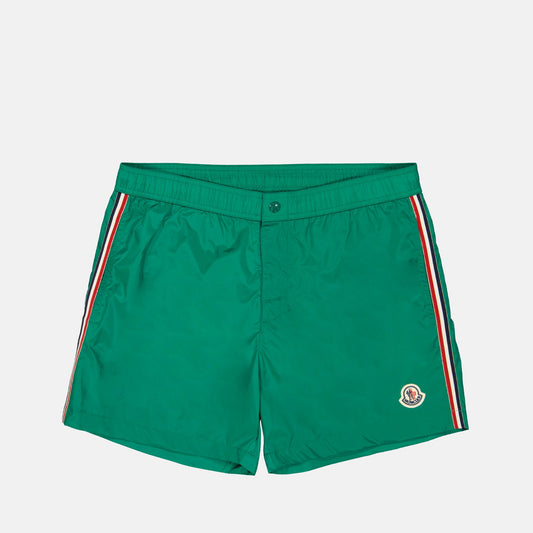 luxury swim shorts, green swimwear, tricolor trim shorts, Moncler beachwear, refined swim shorts