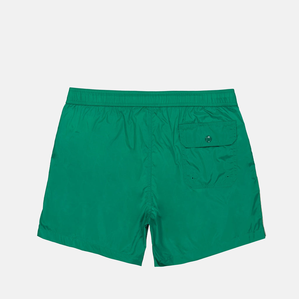 luxury swim shorts, green swimwear, tricolor trim shorts, Moncler beachwear, refined swim shorts