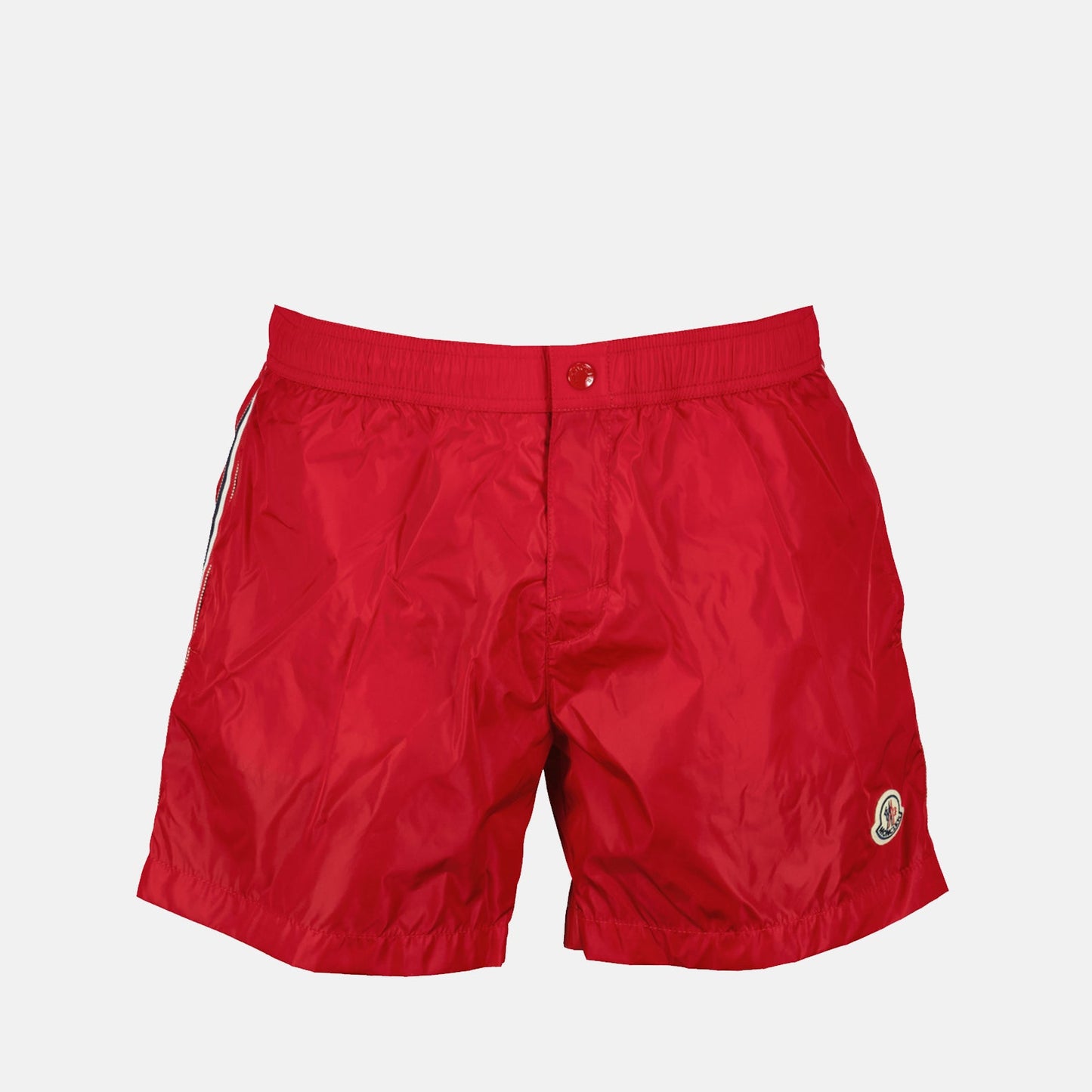 luxury swimwear, red swim shorts, Moncler swimwear, tricolor piped shorts, designer beachwear